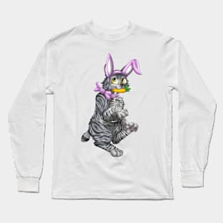 Bobtail BunnyCat: Grey Tabby (Pink) Long Sleeve T-Shirt